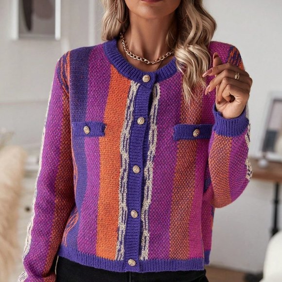 Multicolor Casual Womens Color Block Button Front Cardigan - Picture 5 of 5